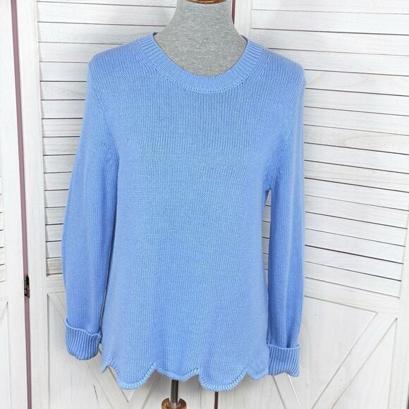 J. by J.Crew Scalloped Hem Crew Neck Sweater Blue Medium Cotton Preppy - Picture 1 of 12